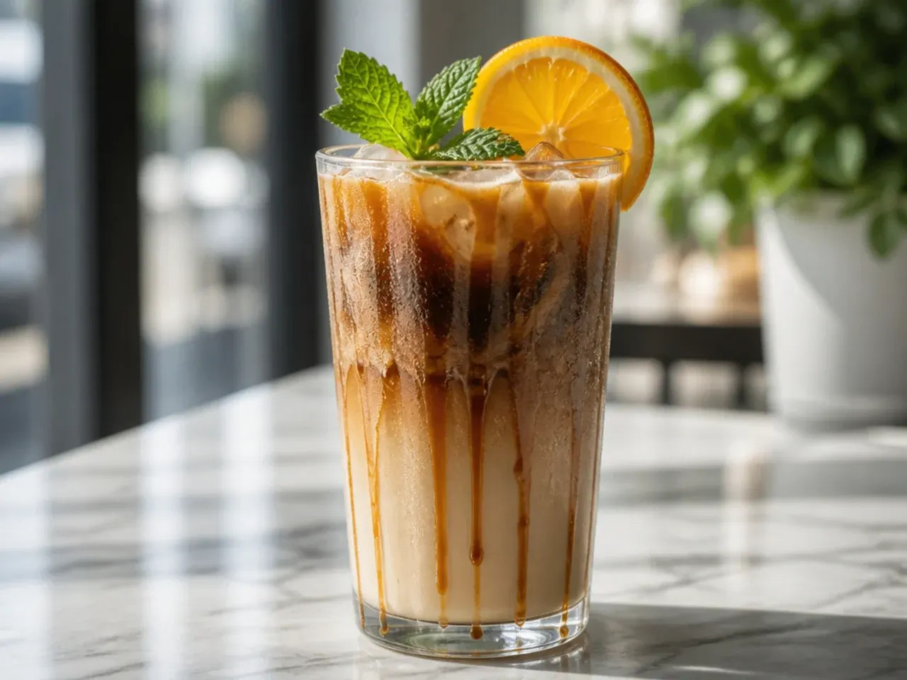 Salted caramel cream cold brew with caramel drizzle and floating cream on top