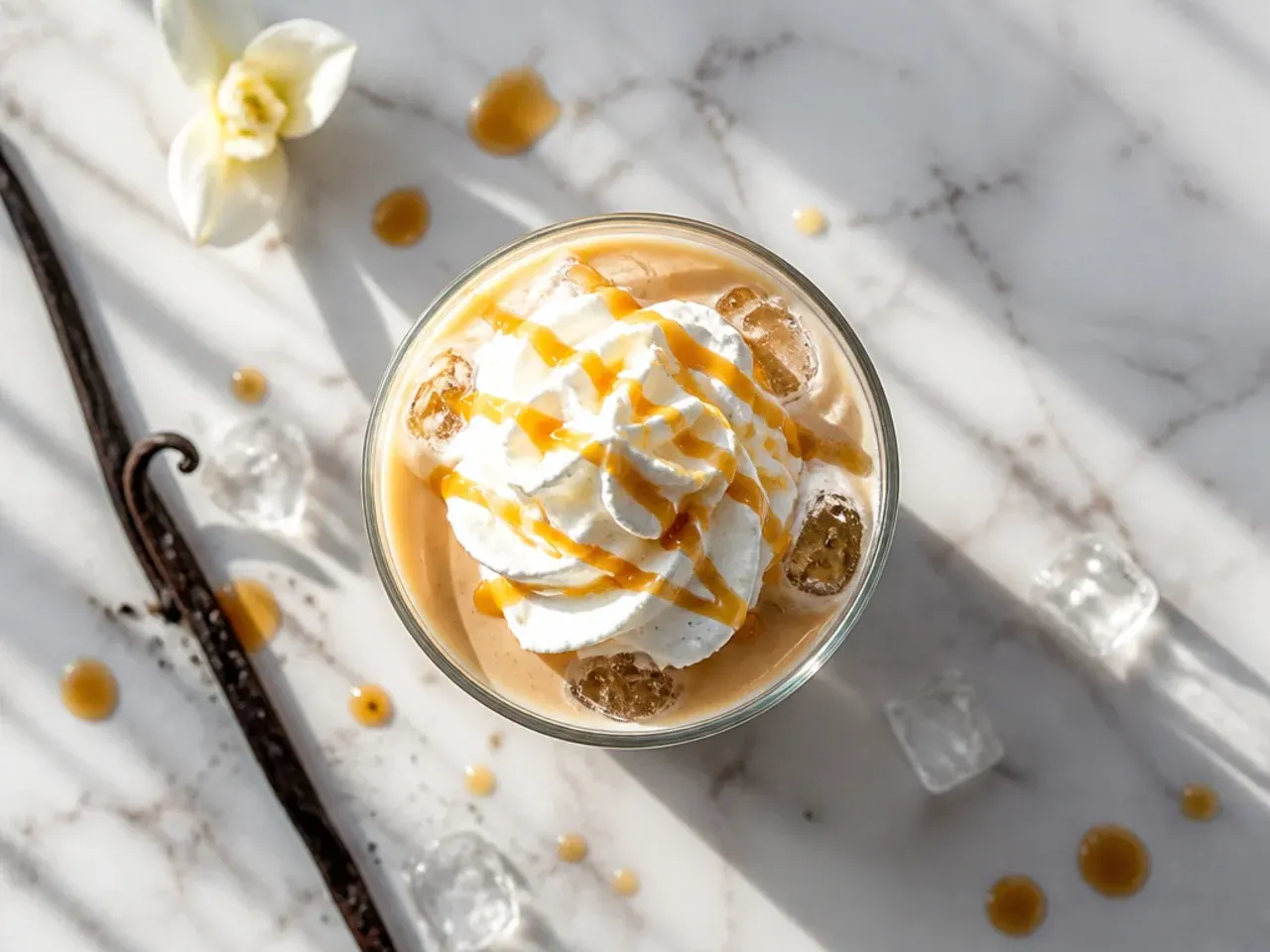 Classic iced vanilla latte with milk poured over espresso and ice in a glass