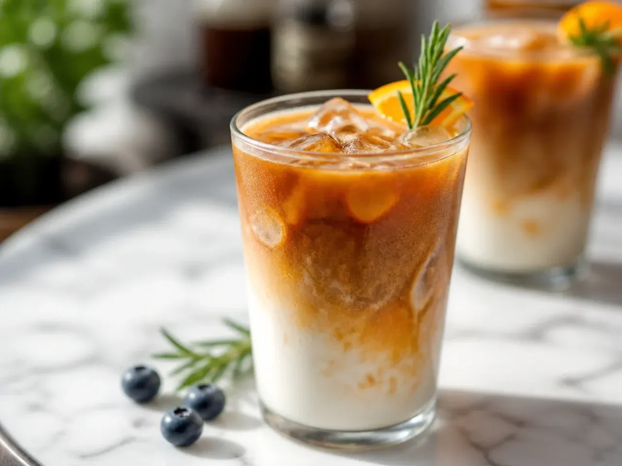 Orange cream cold brew with citrus-flecked cold foam on top of dark coffee