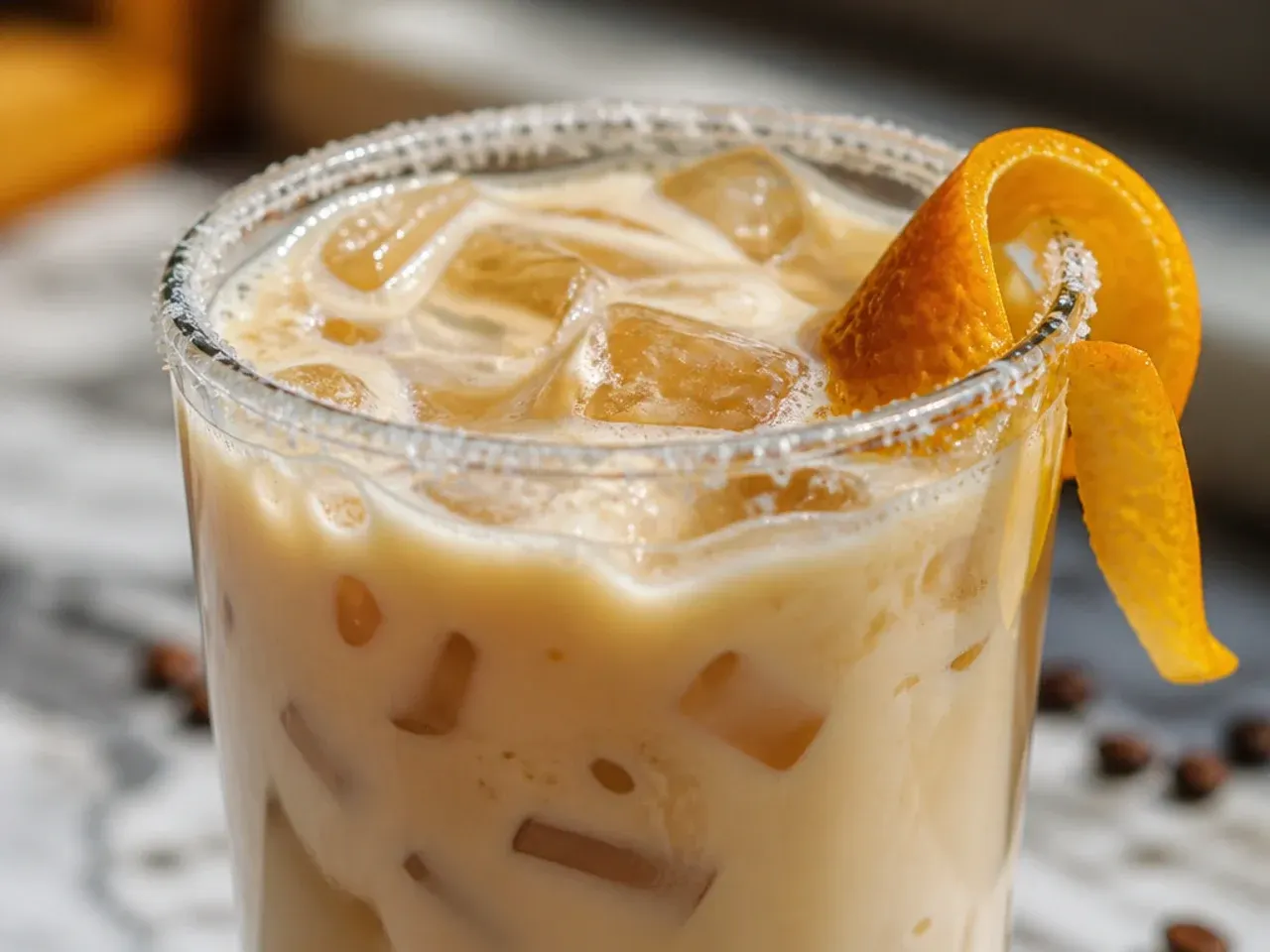 Creamy iced white mocha in a glass with white chocolate swirl