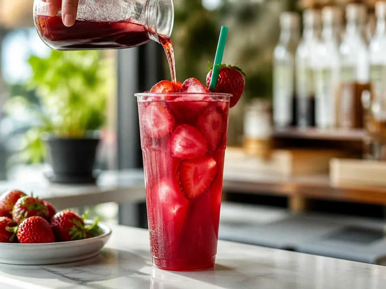 Bright red strawberry acai refresher with freeze-dried strawberry pieces over ice