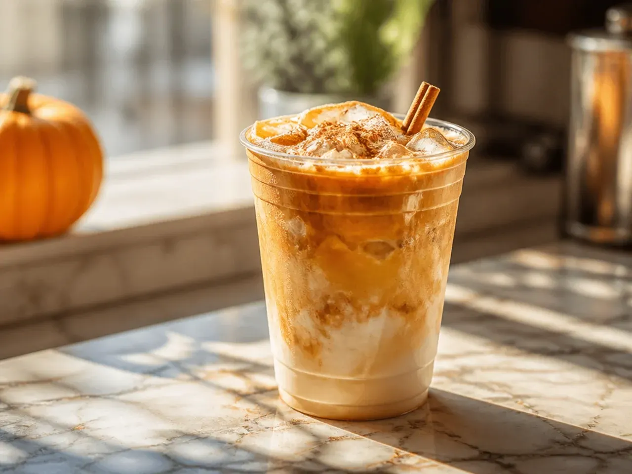 Iced pumpkin spice latte topped with whipped cream and spice dusting