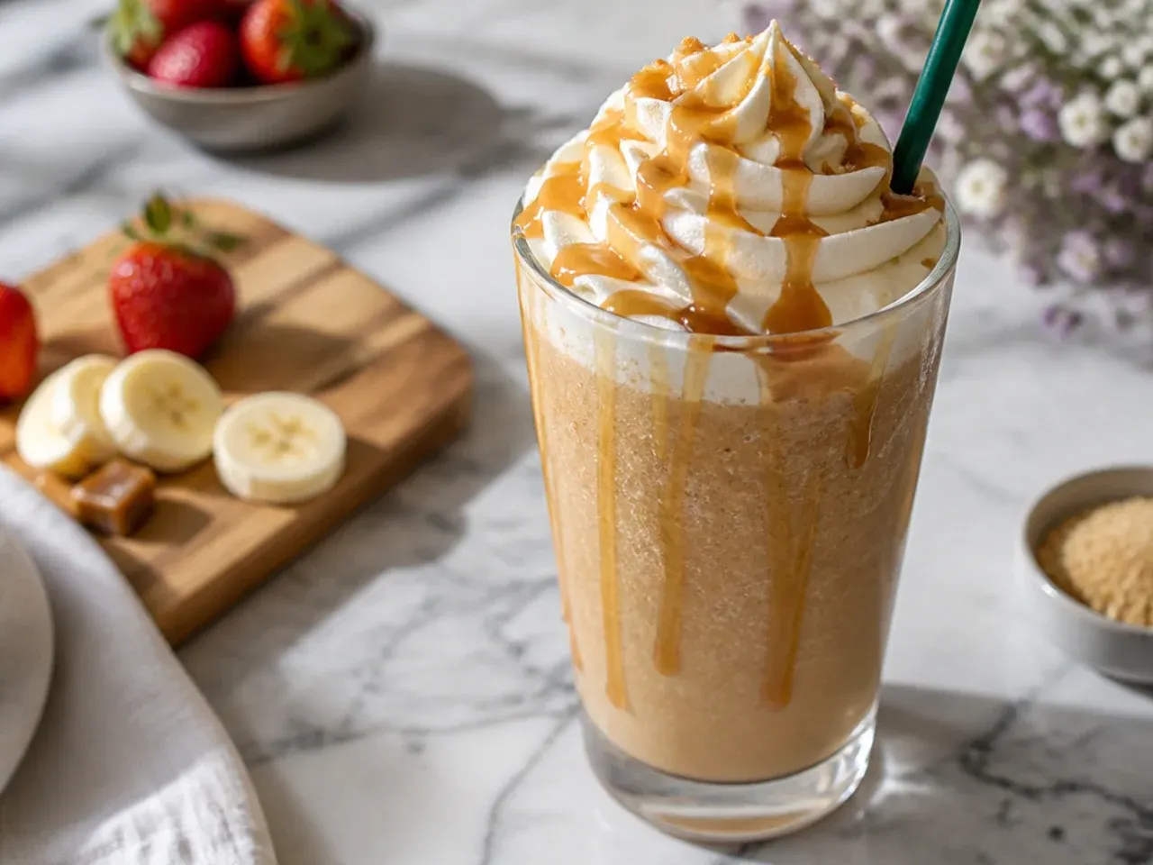 Sweet caramel frappuccino with caramel drizzle lining the inside of the glass