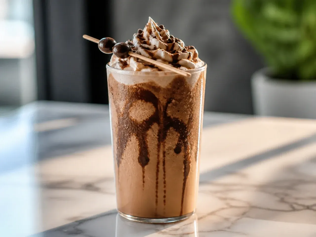 Classic frozen mocha frappuccino topped with whipped cream and cocoa dusting