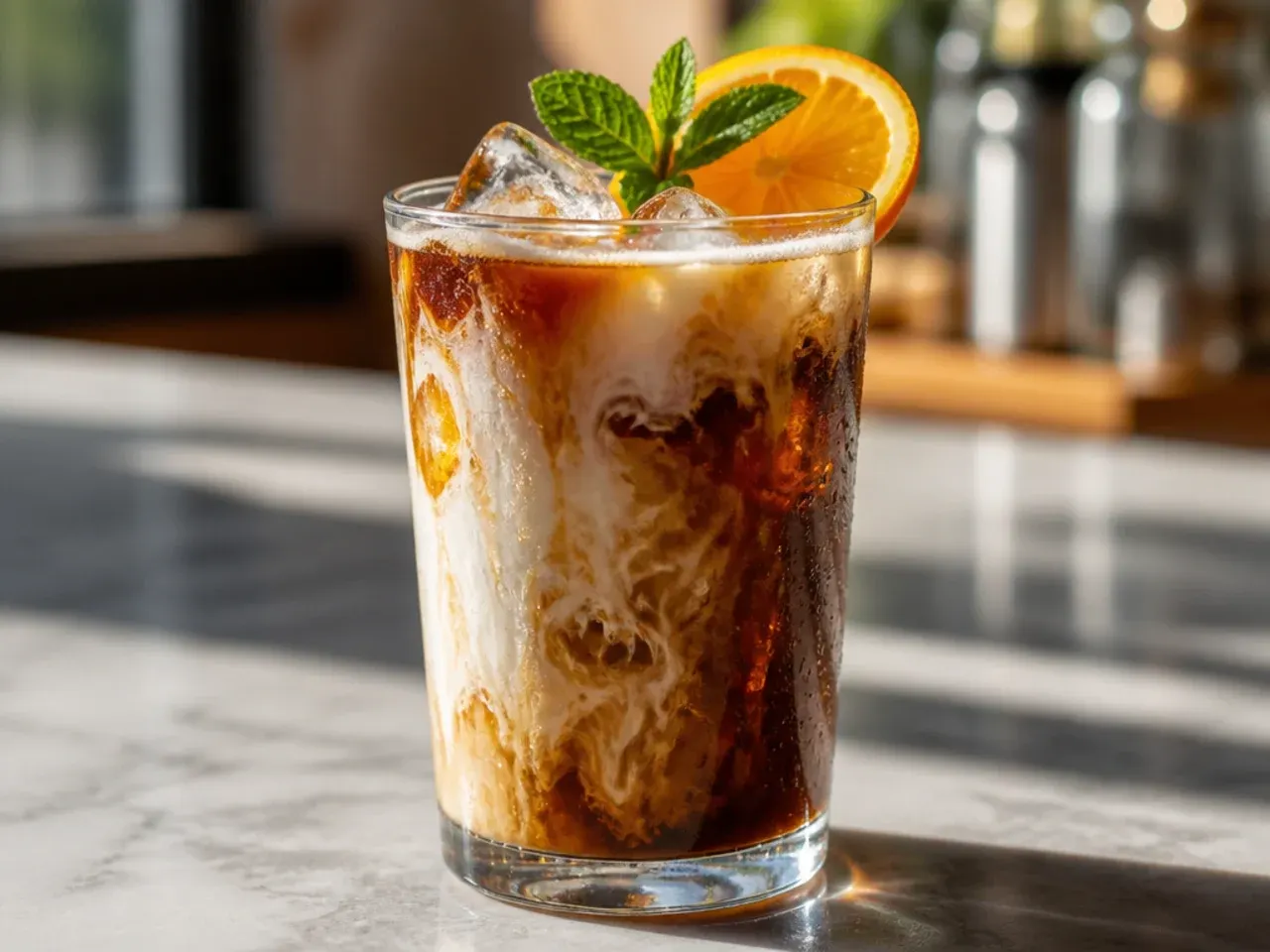 Iced americano with a light layer of cream on top in a tall glass