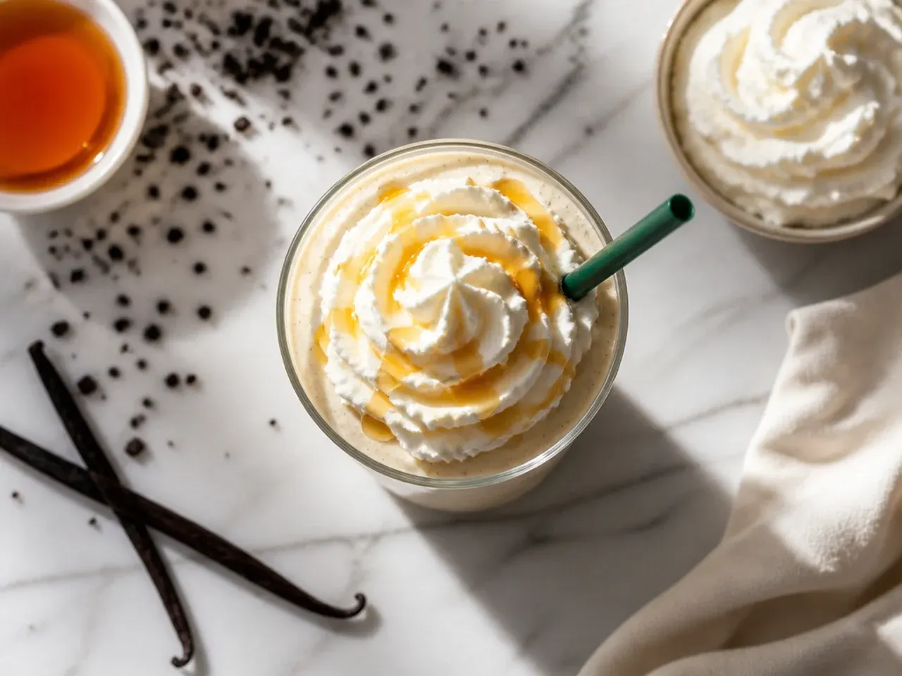 Vanilla bean creme frappuccino topped with whipped cream in a tall glass