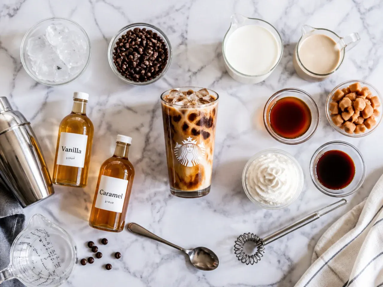 Close-up of coffee ice cubes and syrup bottles used for making cold Starbucks copycat drinks