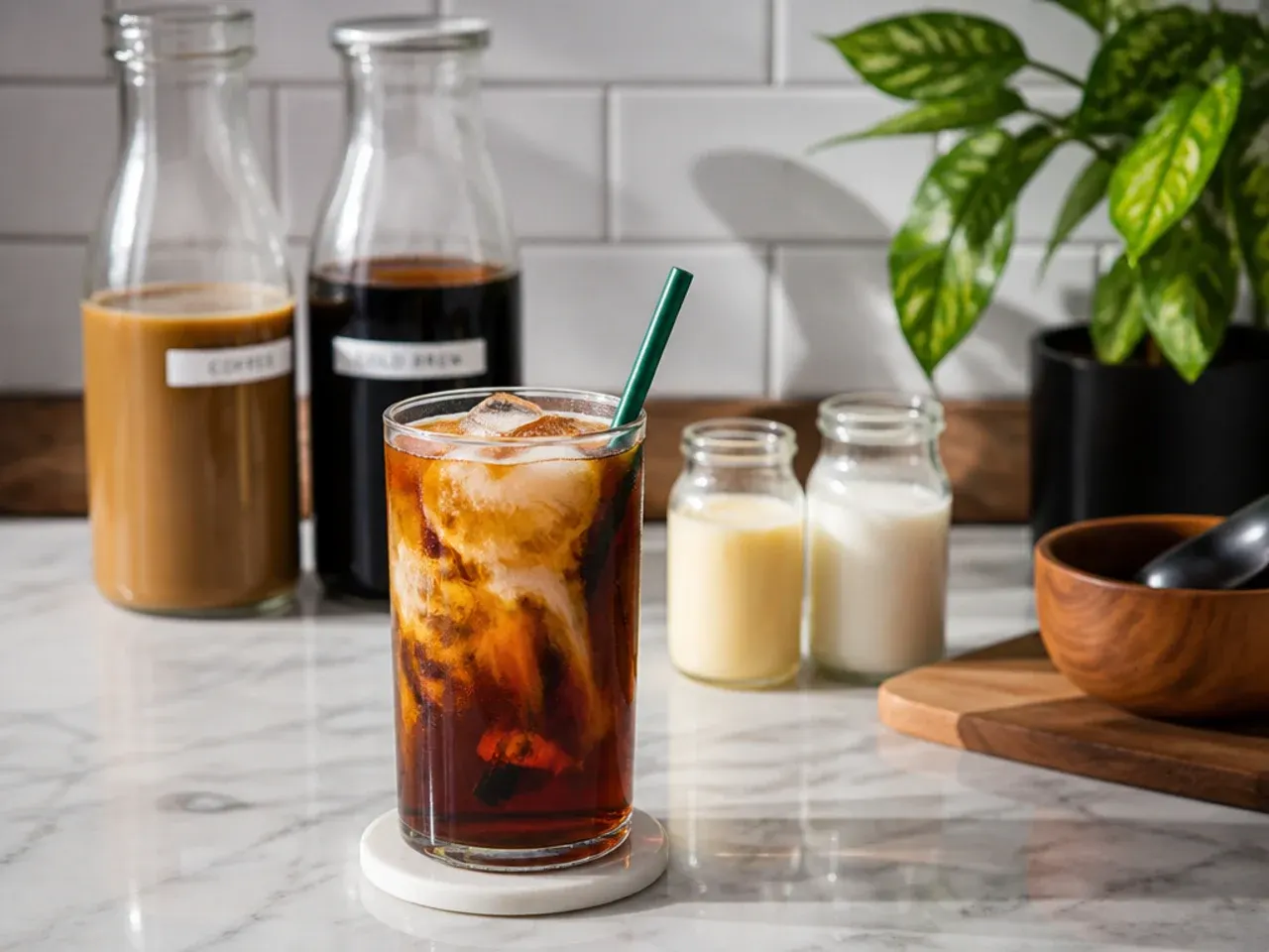 Mason jars of cold brew concentrate and homemade syrups lined up in a fridge