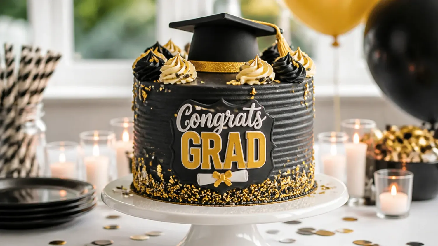 A two-tier college graduation cake decorated in school colours with a gold fondant graduation cap topper and a "Class of 2026" banner