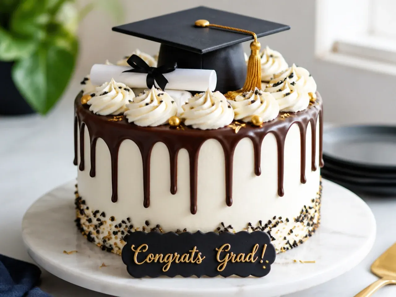 Overhead view of a graduation party table with a decorated cake, cupcakes and gold "2026" balloons