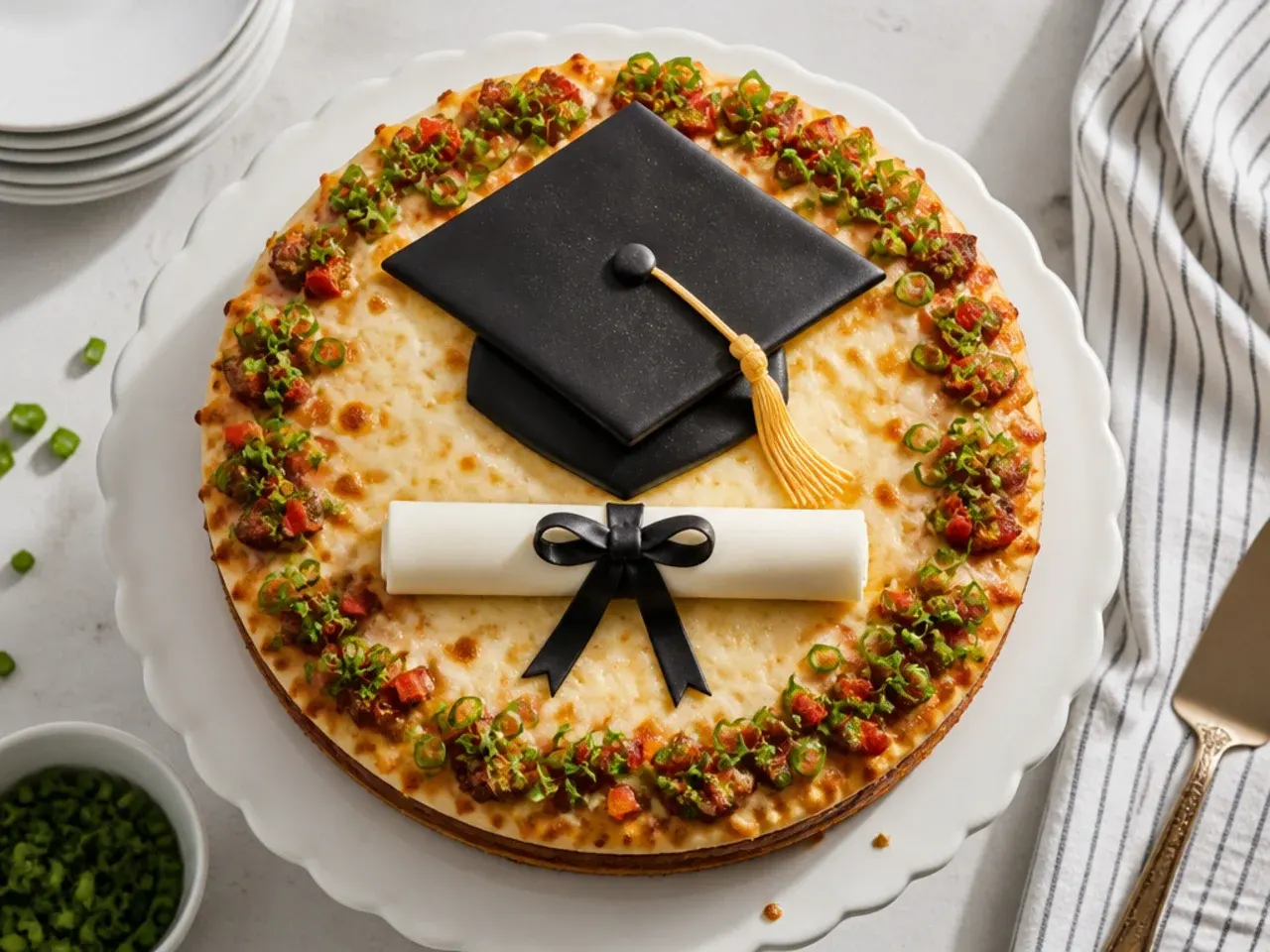 Close-up of a black fondant graduation cap and diploma topper on a white buttercream cake