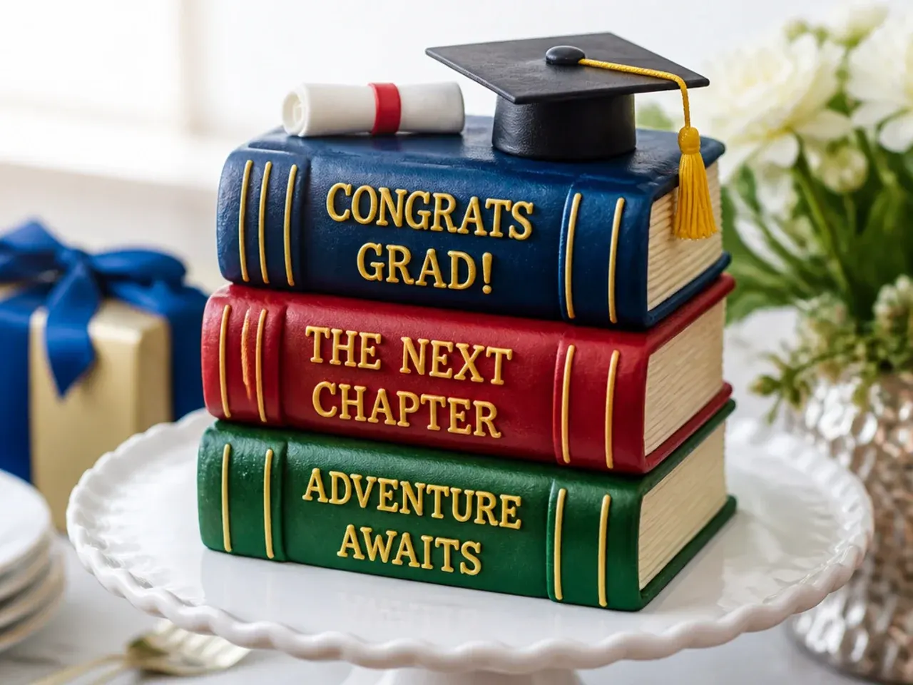Cake carved and decorated to look like a stack of colourful books with a graduation cap on top