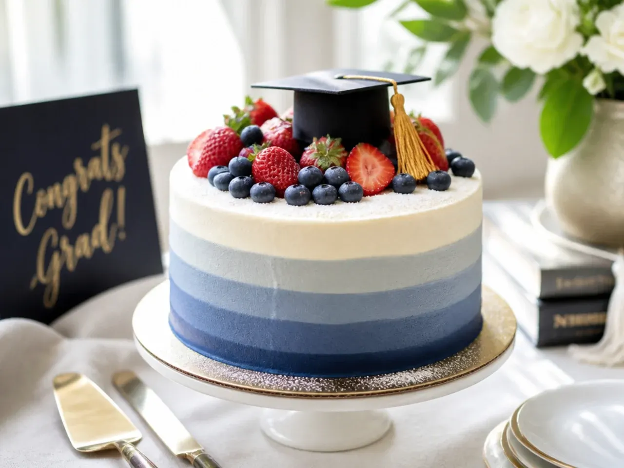 Round cake with a smooth ombre buttercream finish fading from pale to deep blue