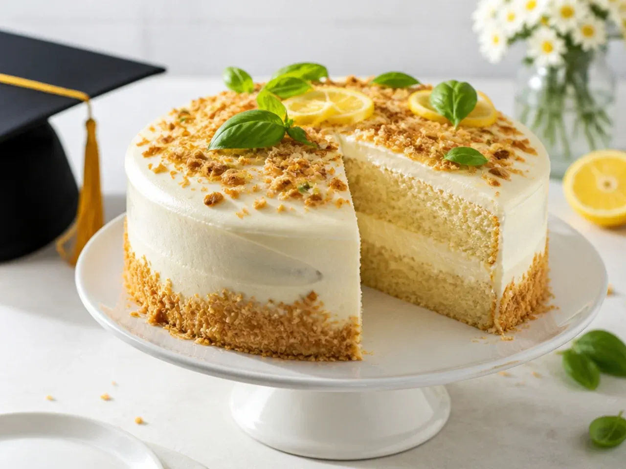 Slice of lemon graduation cake showing creamy mascarpone frosting layers