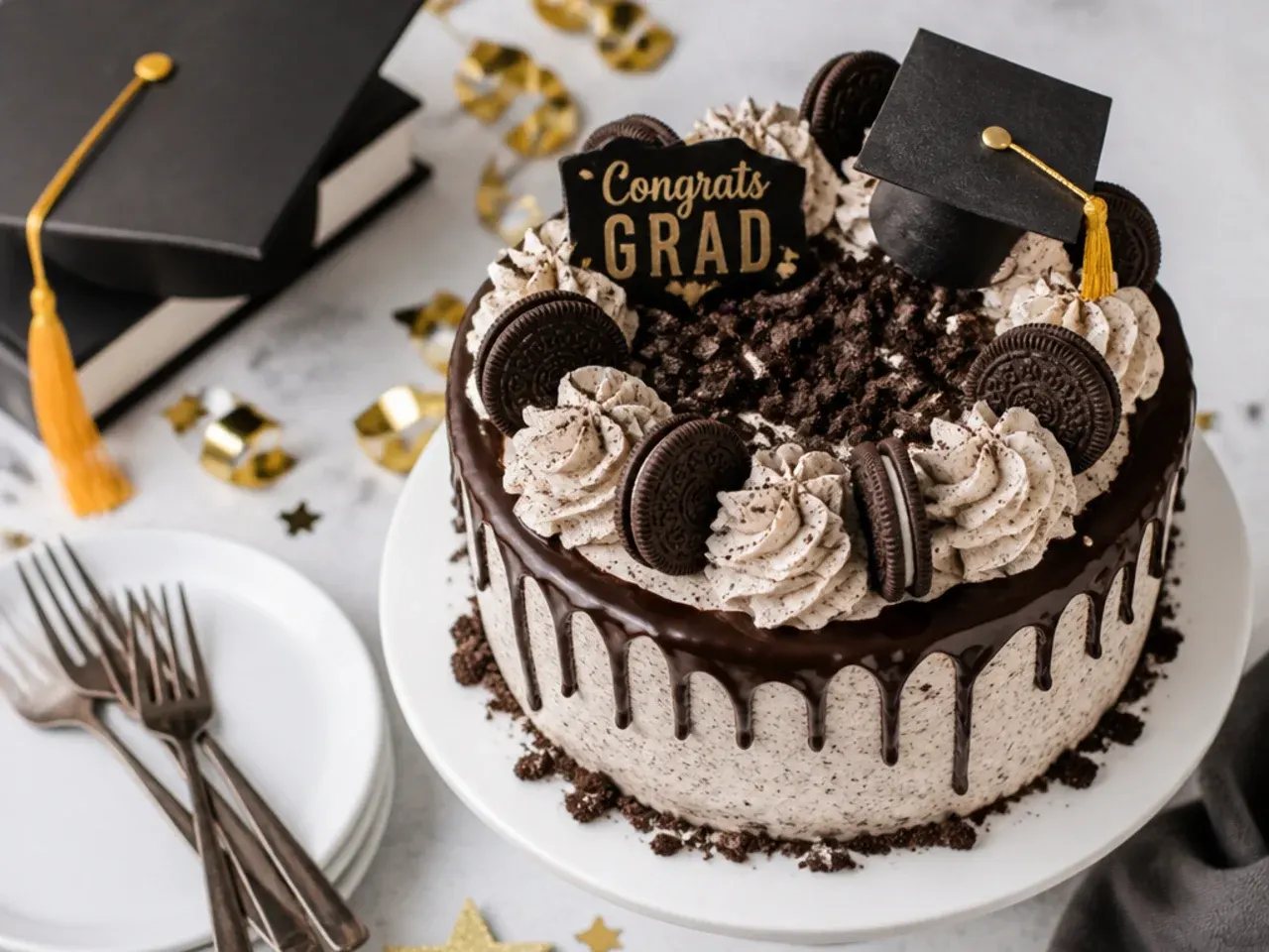 Layered cookies-and-cream graduation cake with crushed cookie crumb coating