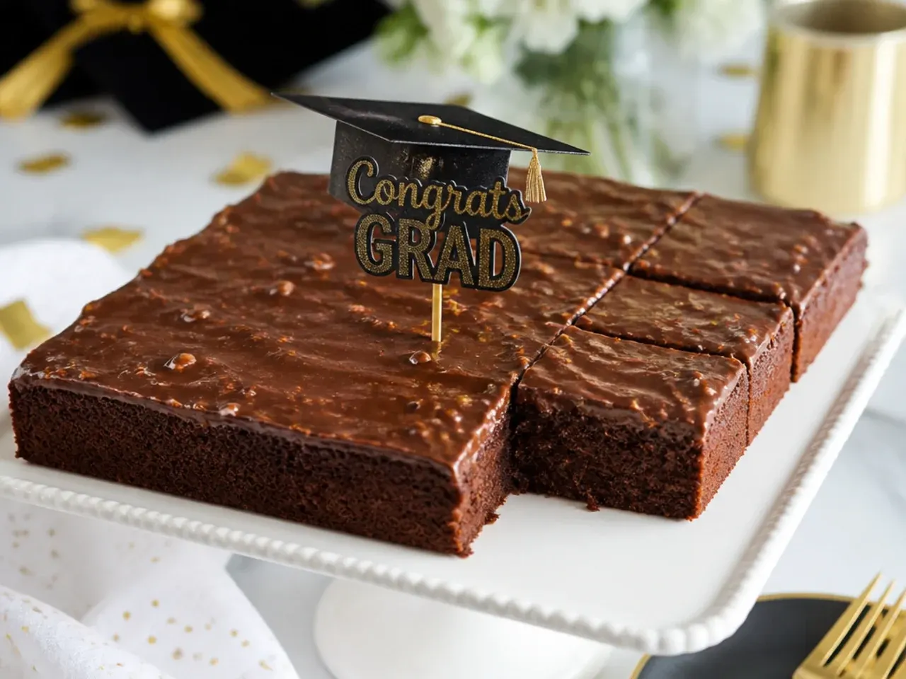 Texas sheet cake cut into squares with glossy chocolate pecan frosting