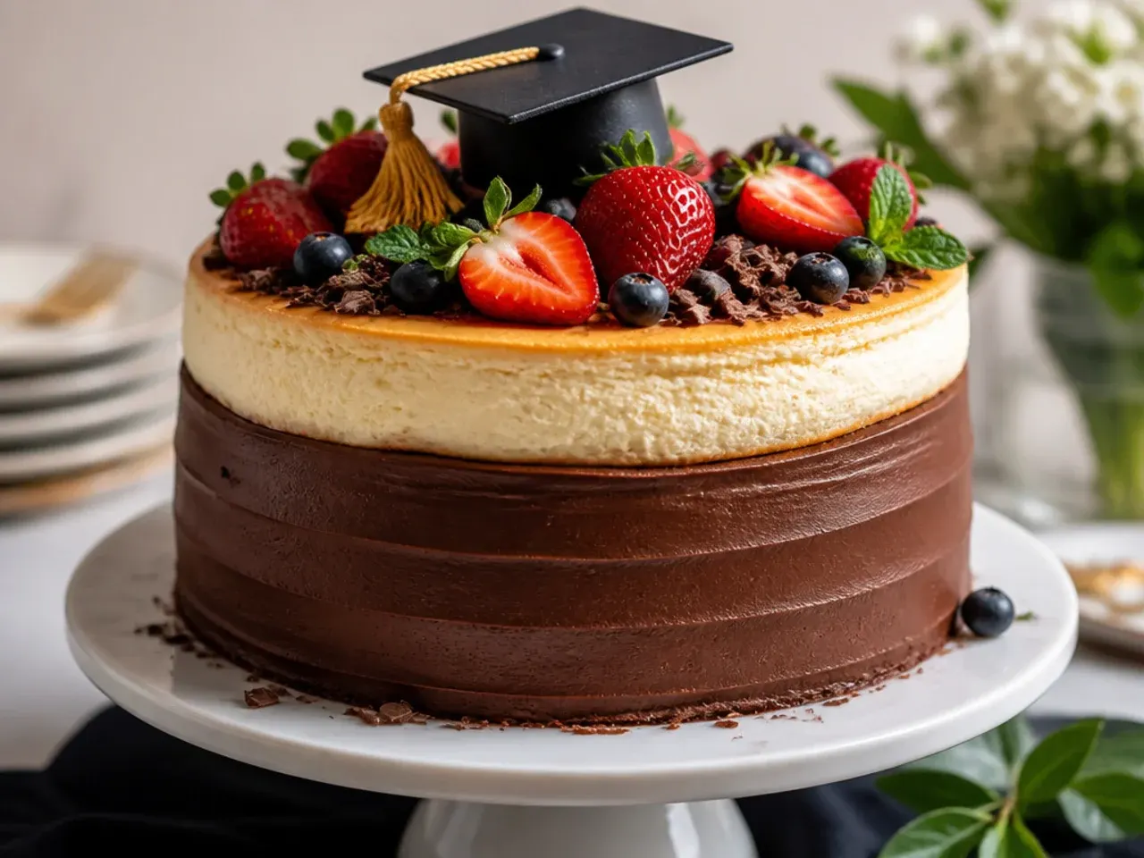 Cross-section of a cake with a cheesecake layer topped in cream cheese frosting
