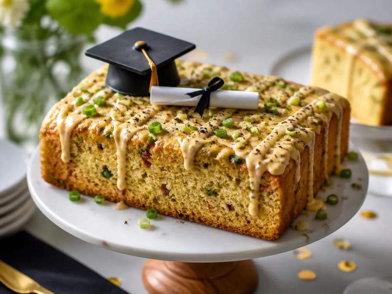 Large rectangular sheet cake with piped graduate name and simple border