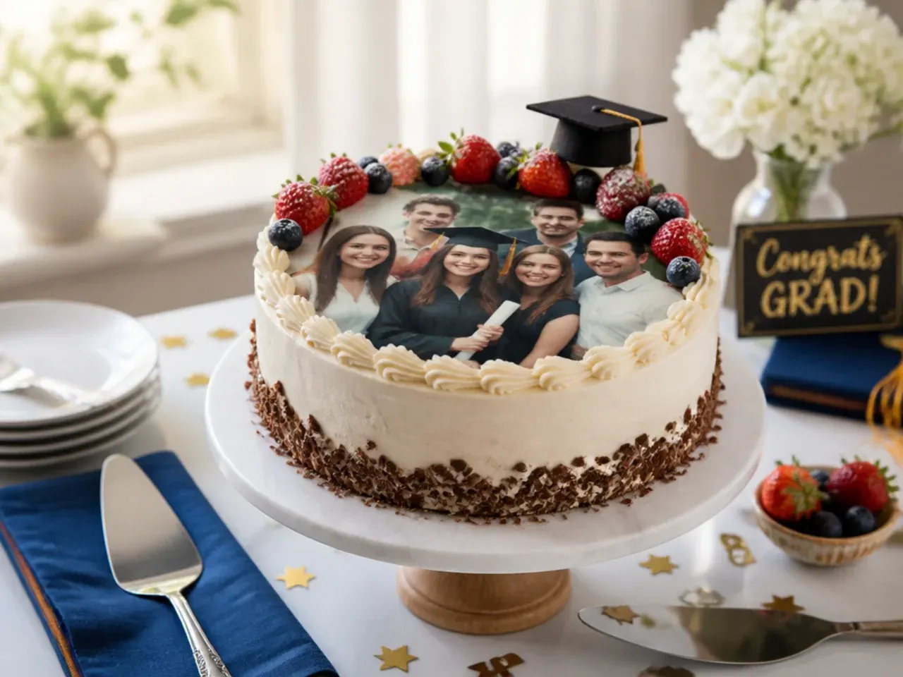 Graduation cake topped with an edible photo print bordered by piped buttercream