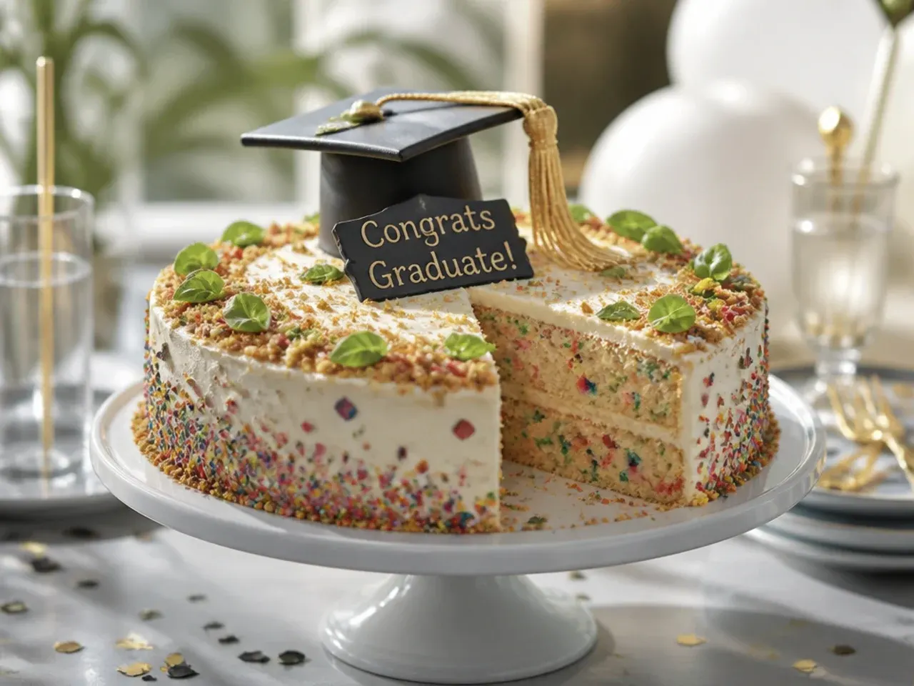 Slice of funfetti graduation cake showing colourful sprinkles inside the sponge