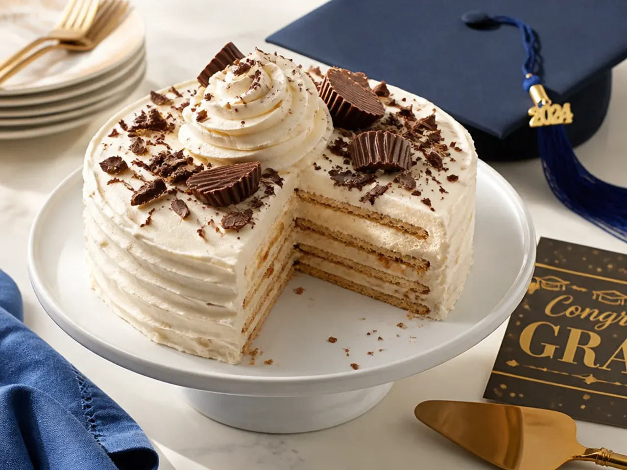 No-bake icebox cake with whipped cream layers and a graduation cap topper