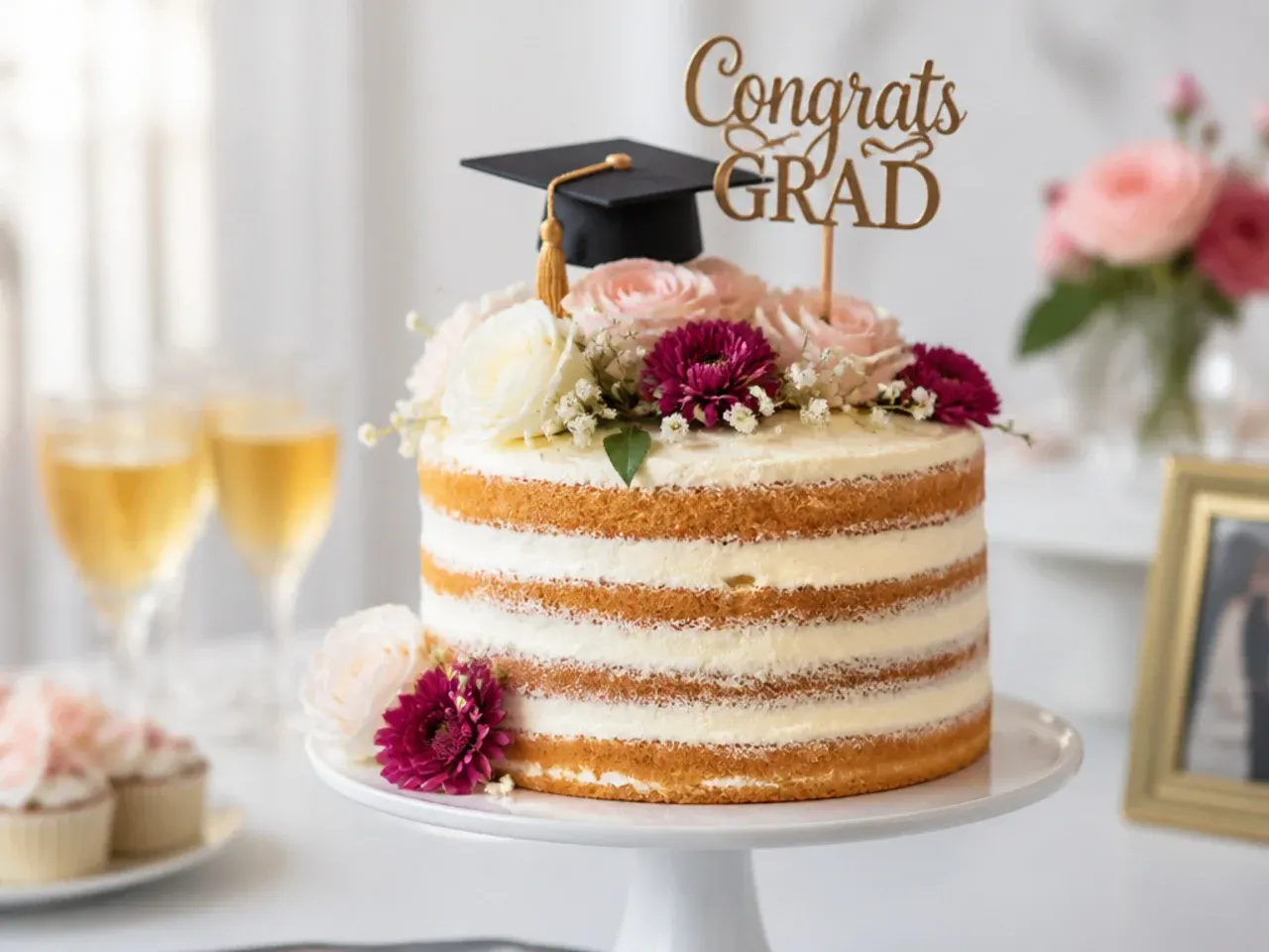 Naked-style graduation cake with exposed crumb and fresh flowers on top