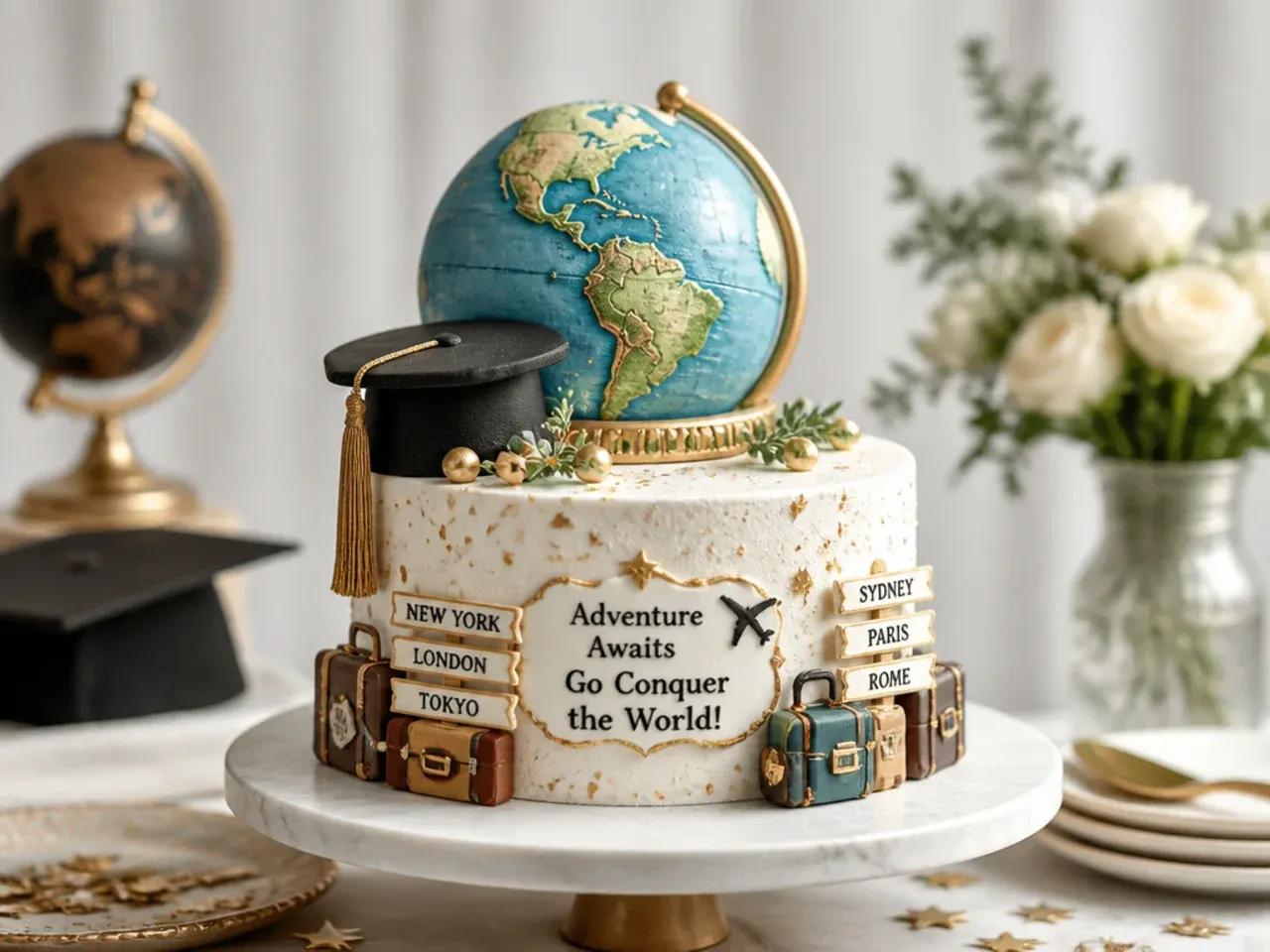 Round cake carved and decorated to look like a globe with a small cap on top