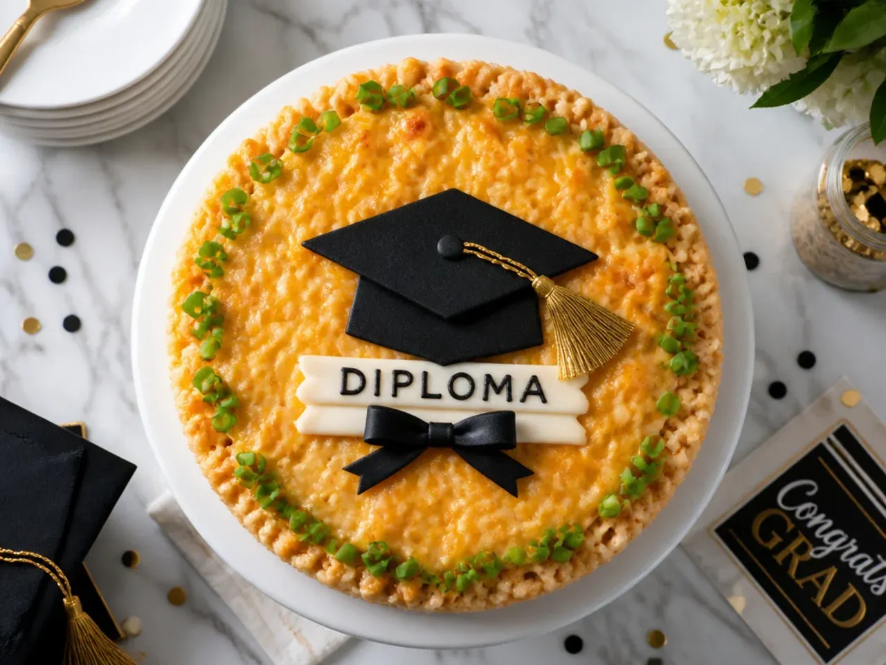 Rice krispie treat diploma wrapped in fondant next to a frosted round cake