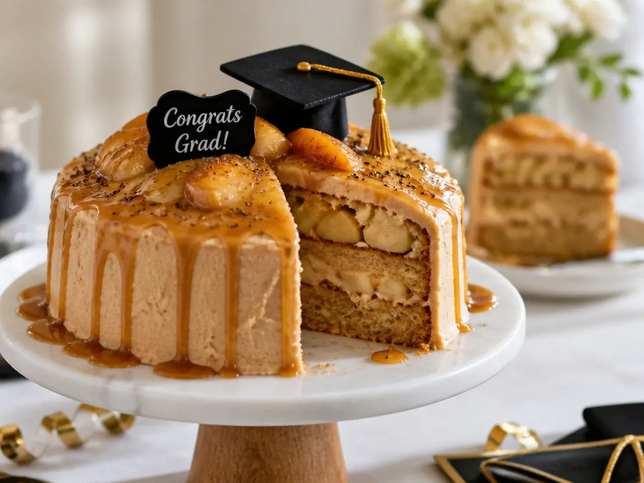 Spiced apple graduation cake with caramel drizzle and toasted pecans