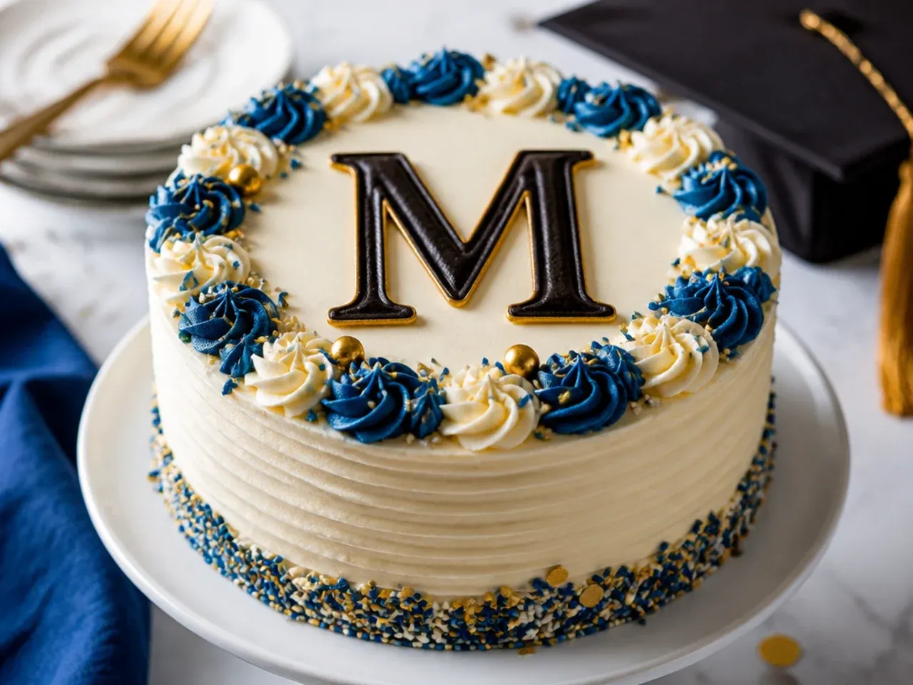 Minimalist graduation cake with a single large piped monogram letter