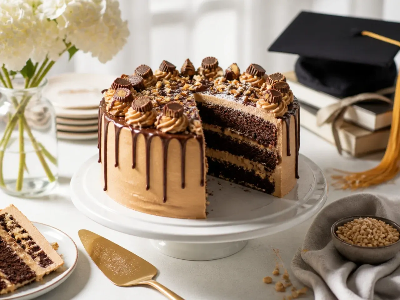 Chocolate peanut butter graduation cake with a glossy chocolate ganache drip