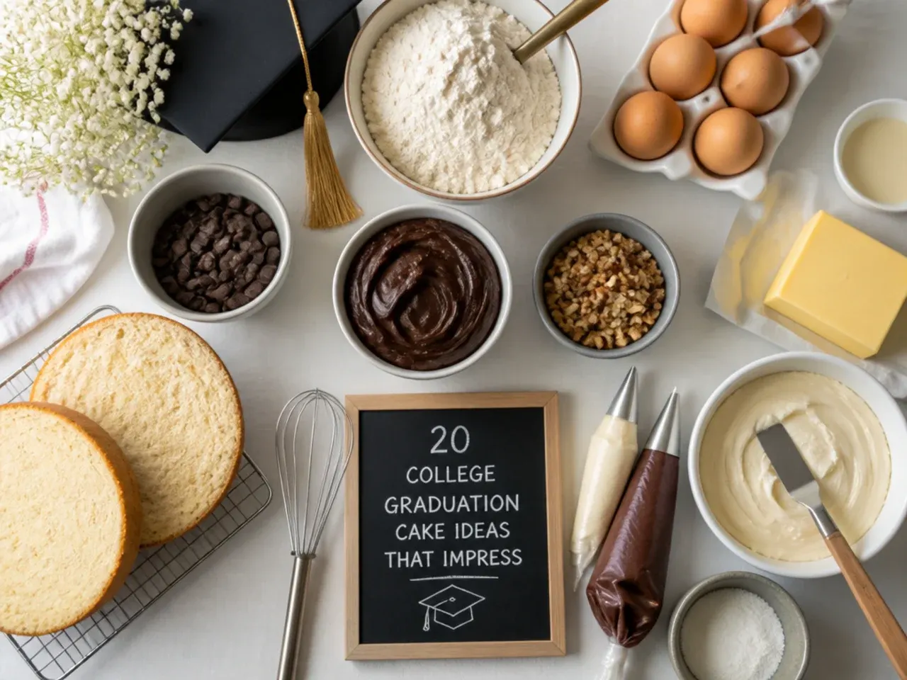 Hands smoothing buttercream on a graduation cake with a bench scraper