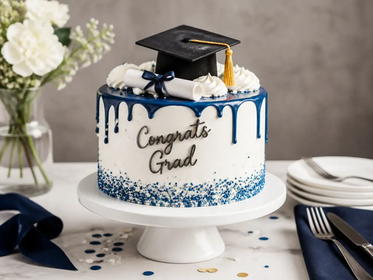 Graduation dessert table with sheet cake, cupcakes and a lemonade bar