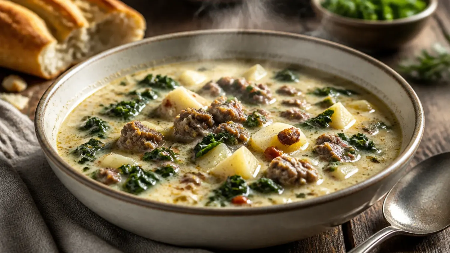 Overhead shot of a bowl of creamy copycat zuppa toscana soup topped with crispy bacon and grated Parmesan