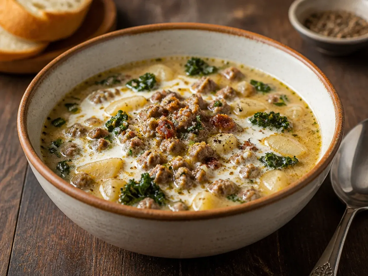 Pot of copycat zuppa toscana soup with sausage, bacon, potatoes and kale simmering in creamy broth