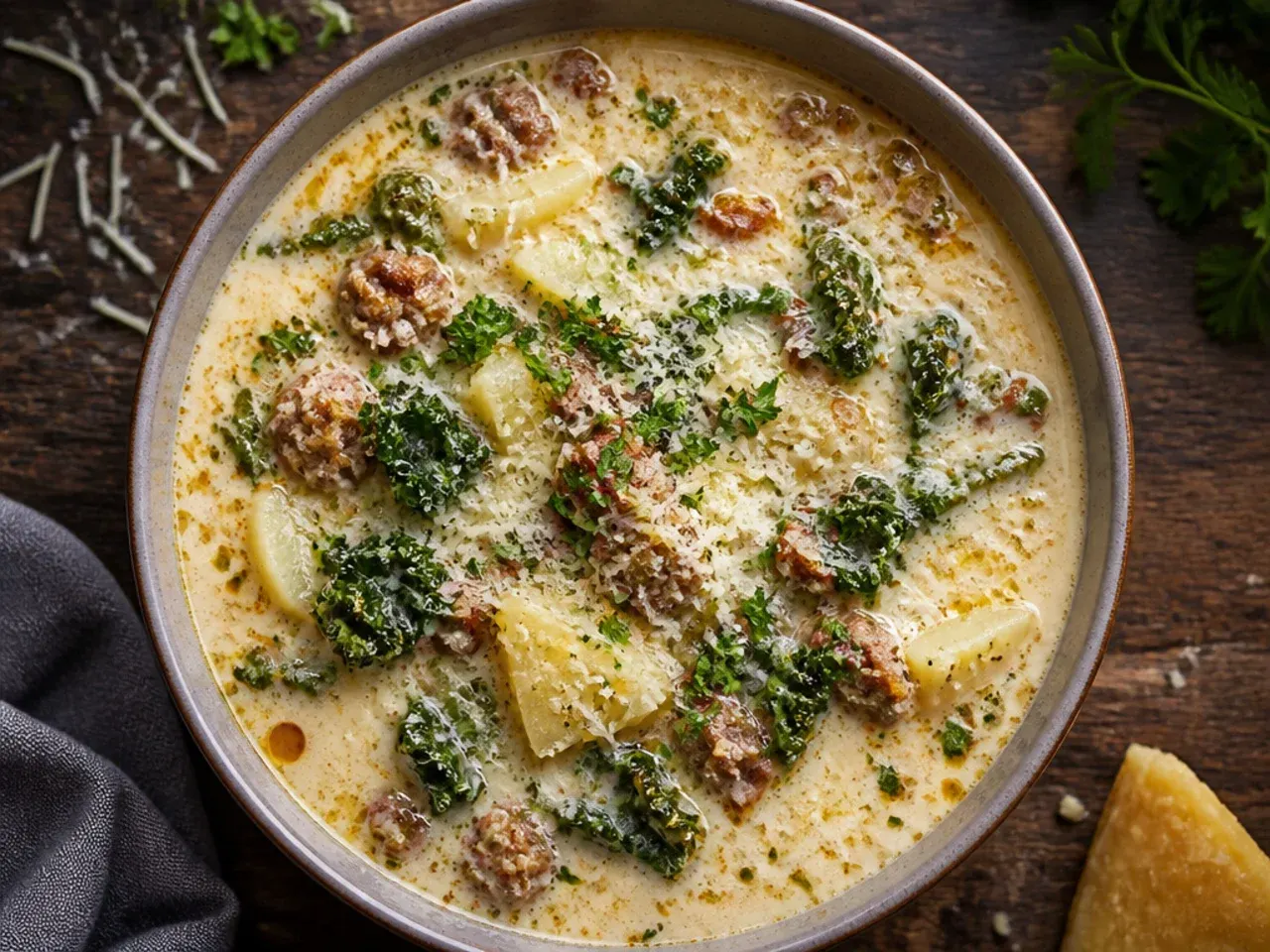 Rustic bowl of traditional Tuscan zuppa toscana with cannellini beans, cavolo nero and olive oil