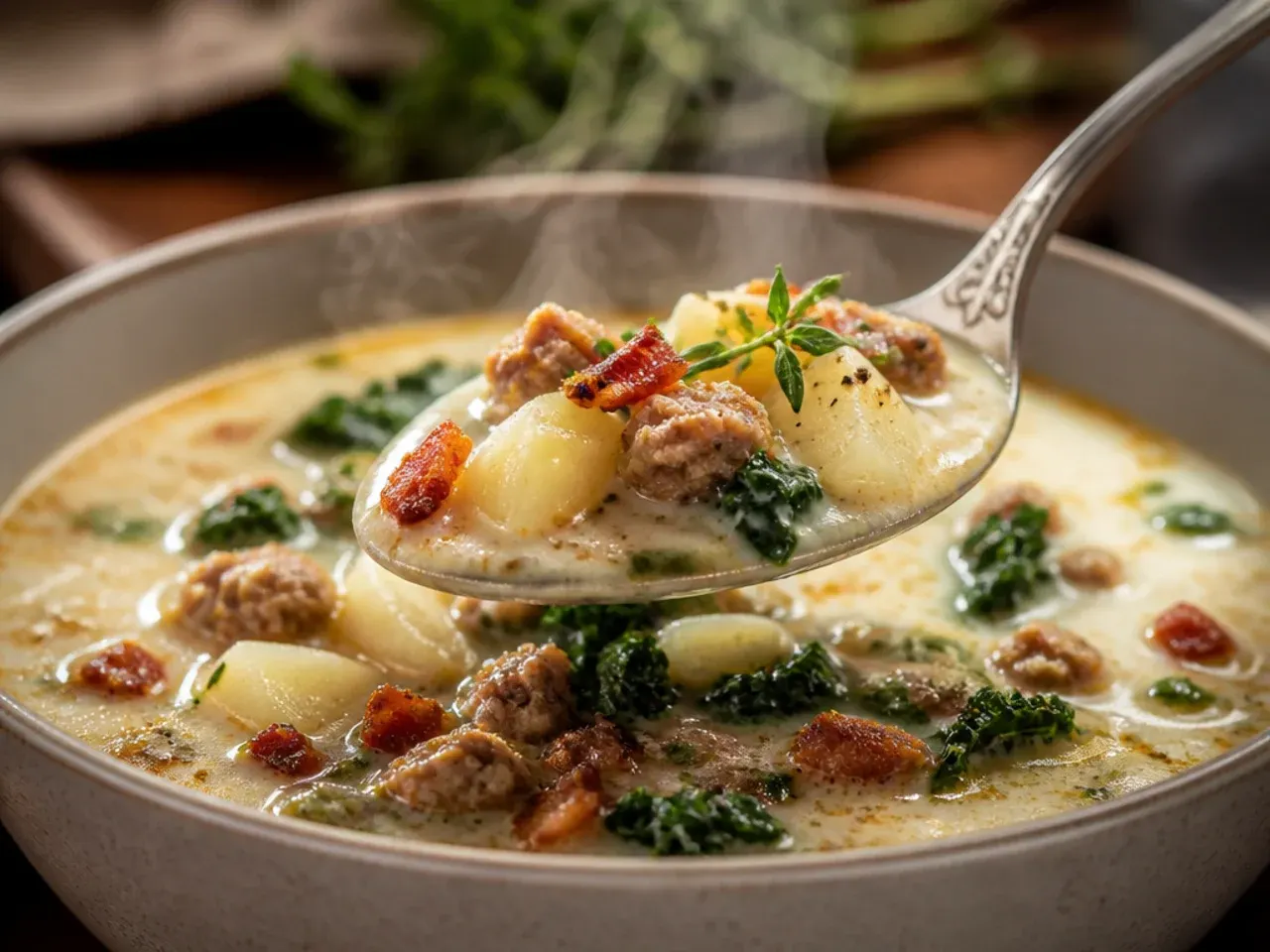 Close-up spoonful of creamy zuppa toscana soup showing the texture of potatoes, kale and sausage
