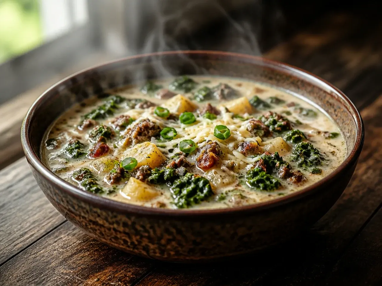Two bowls side by side comparing creamy copycat zuppa toscana soup and rustic classic Tuscan soup