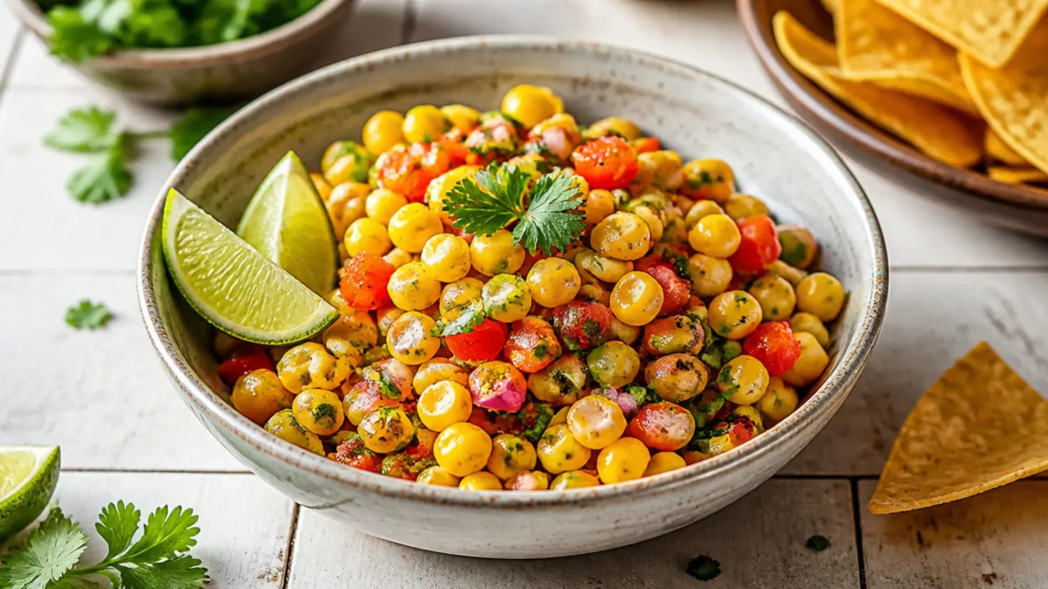 Overhead shot of fresh corn salsa in a white bowl with diced tomato, red onion, jalapeño and lime wedges, surrounded by tortilla chips.
