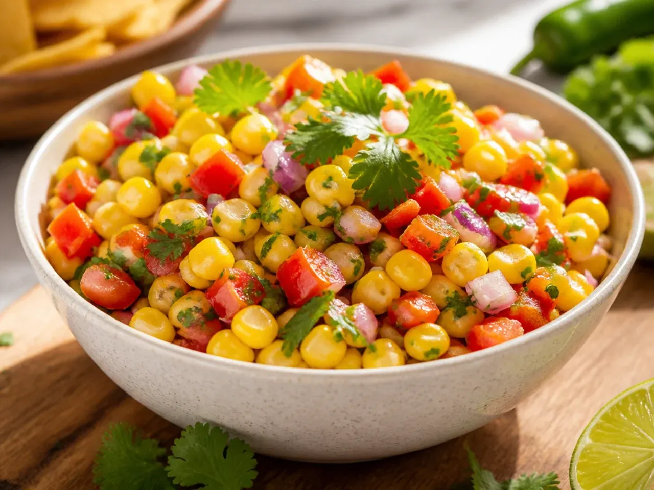 Bowl of colourful corn salsa with tortilla chips fanned out on a wooden board.