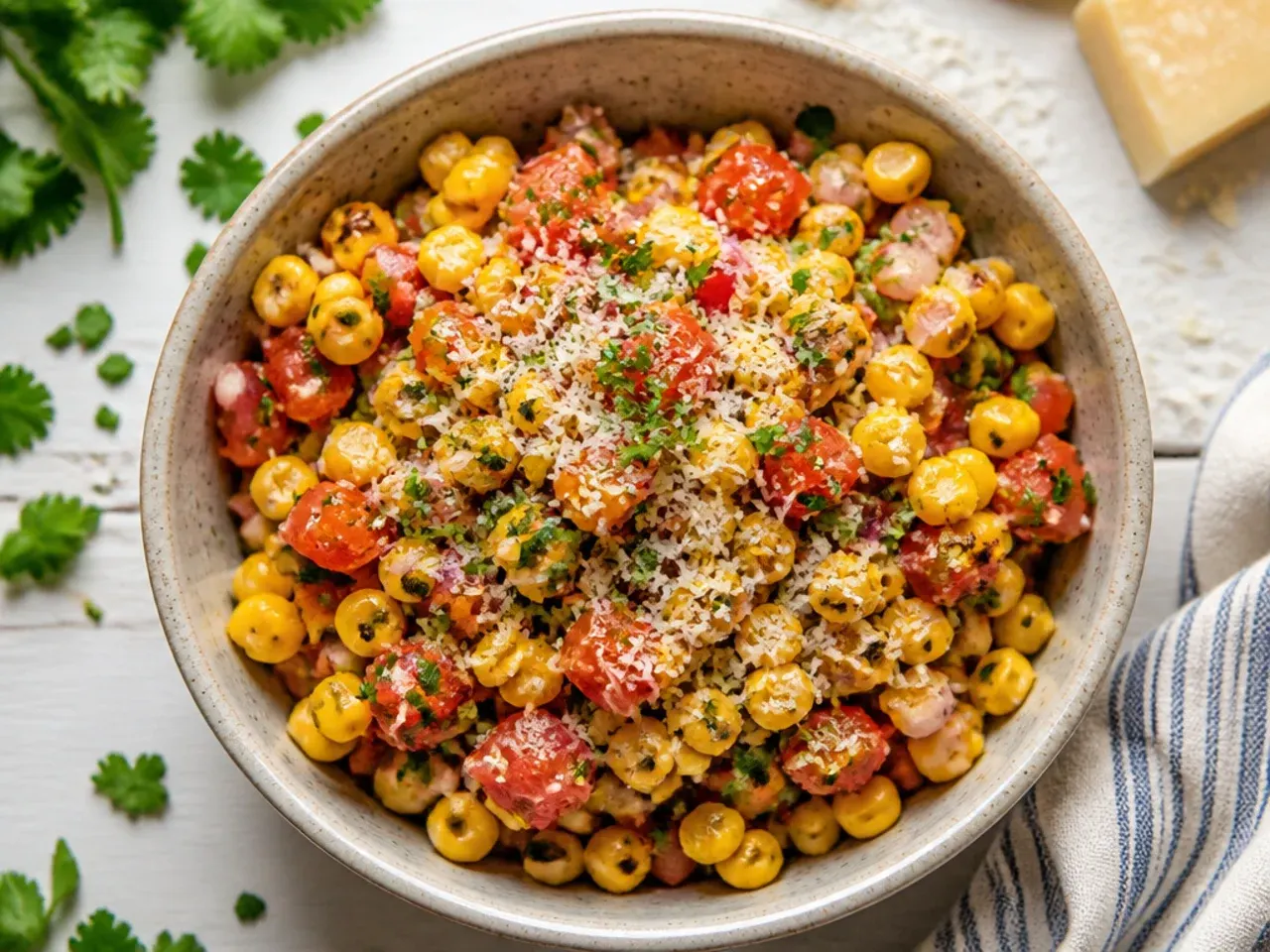 Classic corn salsa with diced tomato and red onion in a glass bowl.