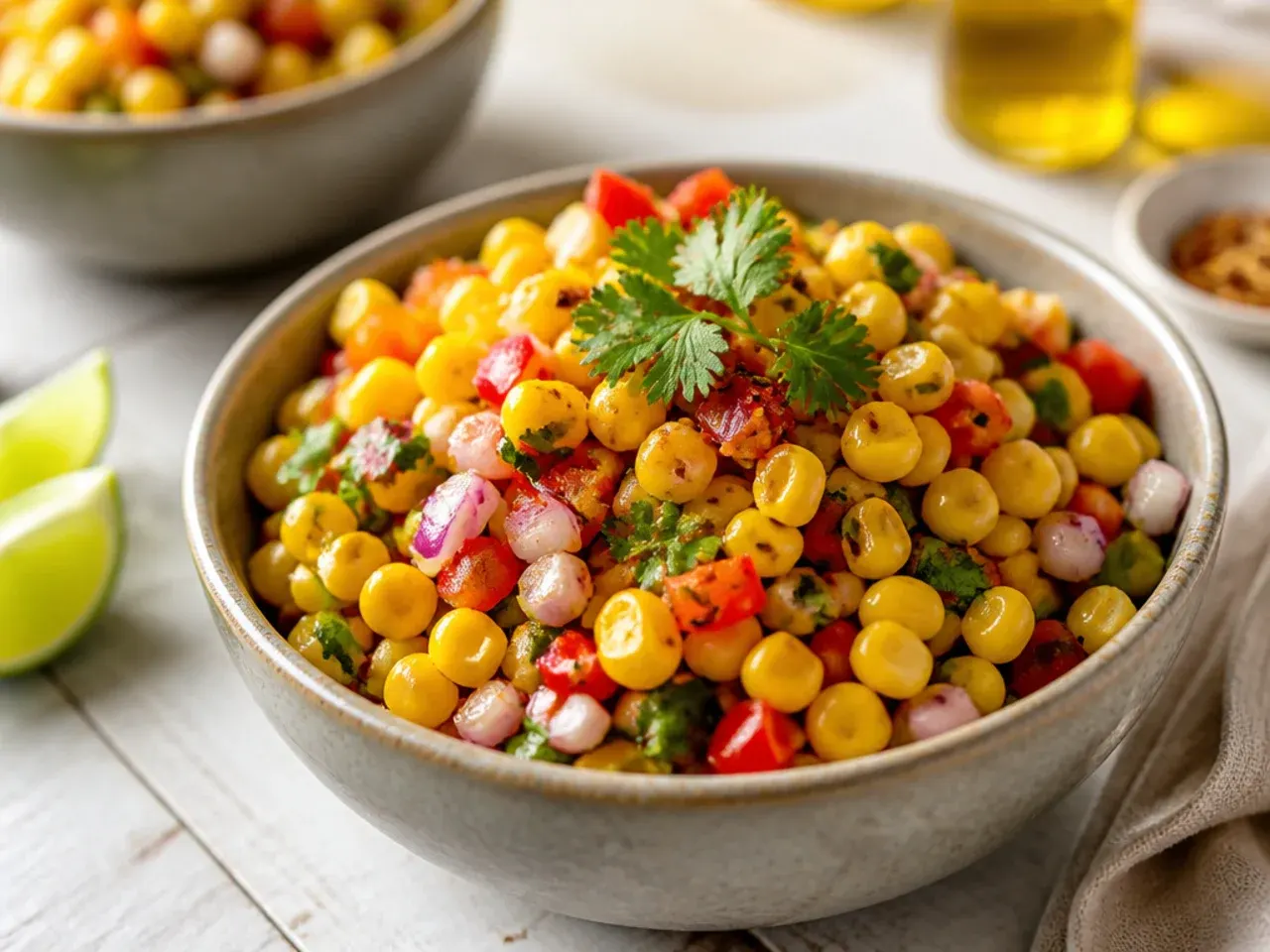 Raw corn kernels being sliced off the cob into a mixing bowl.