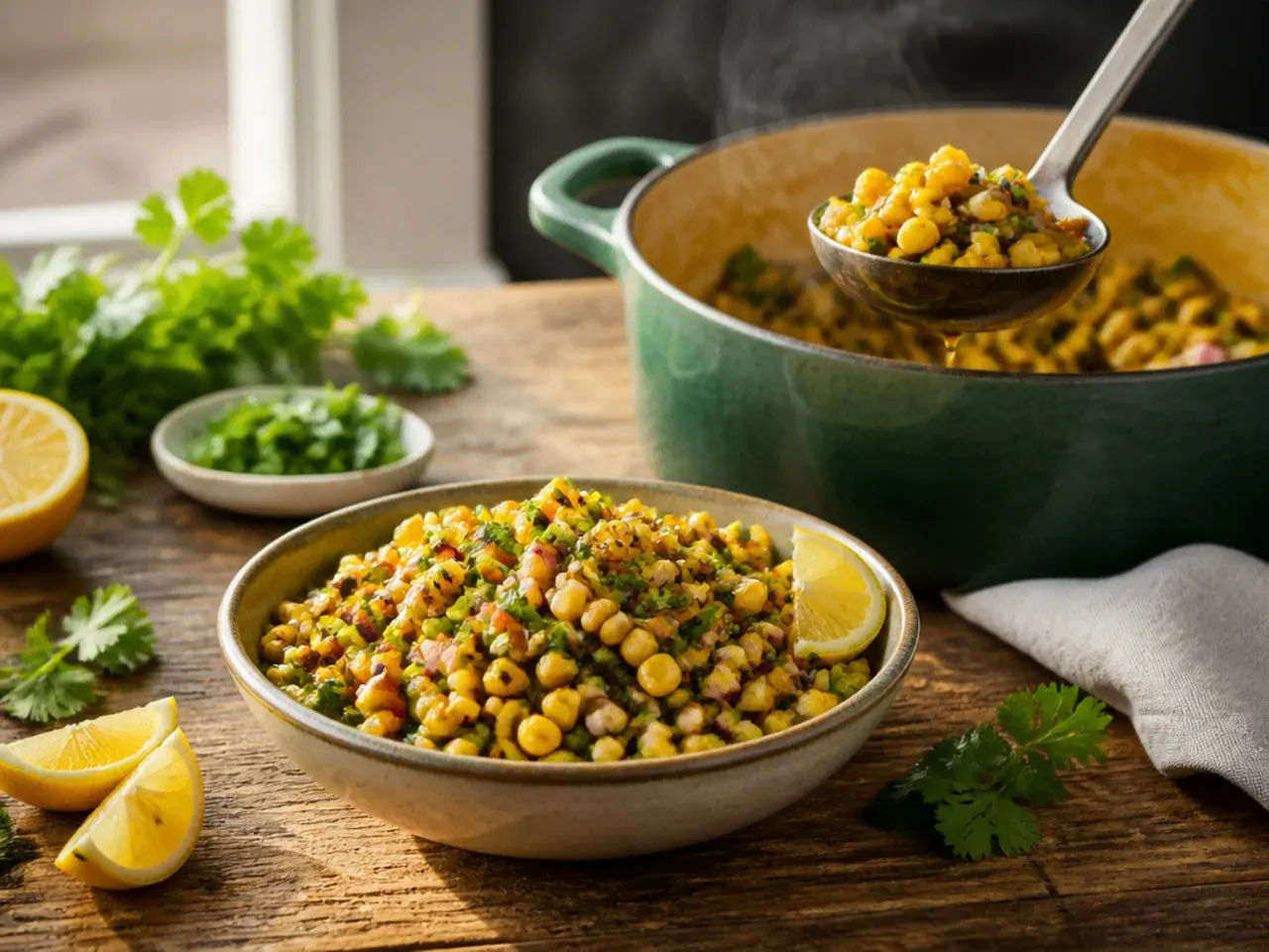 Roasted poblano peppers and corn cobs on a baking tray.