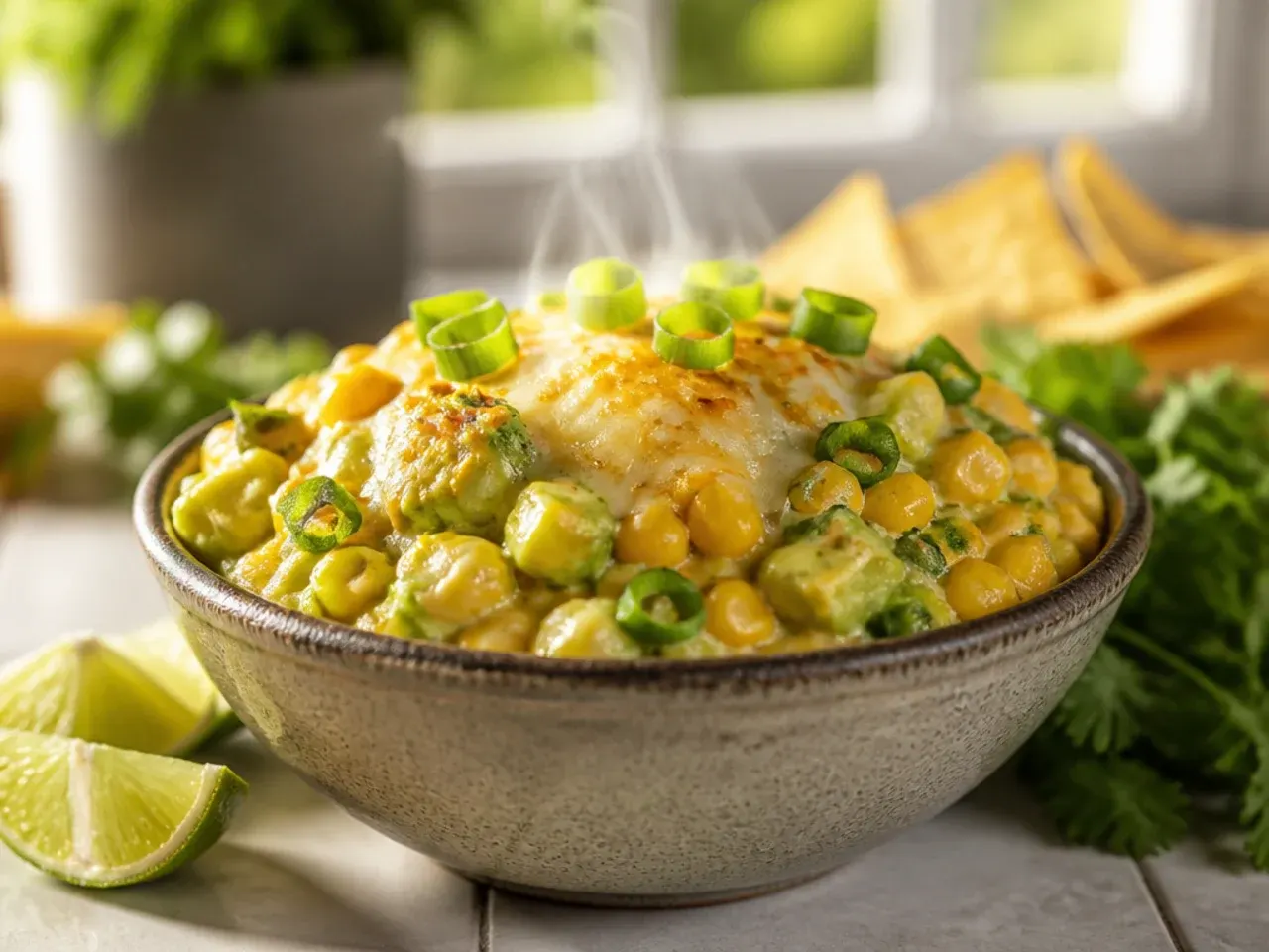 Creamy corn and avocado salsa in a bowl with a lime wedge on the side.