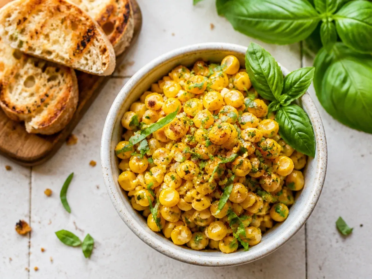 Small bowl of simple three-ingredient corn salsa with a spoon.