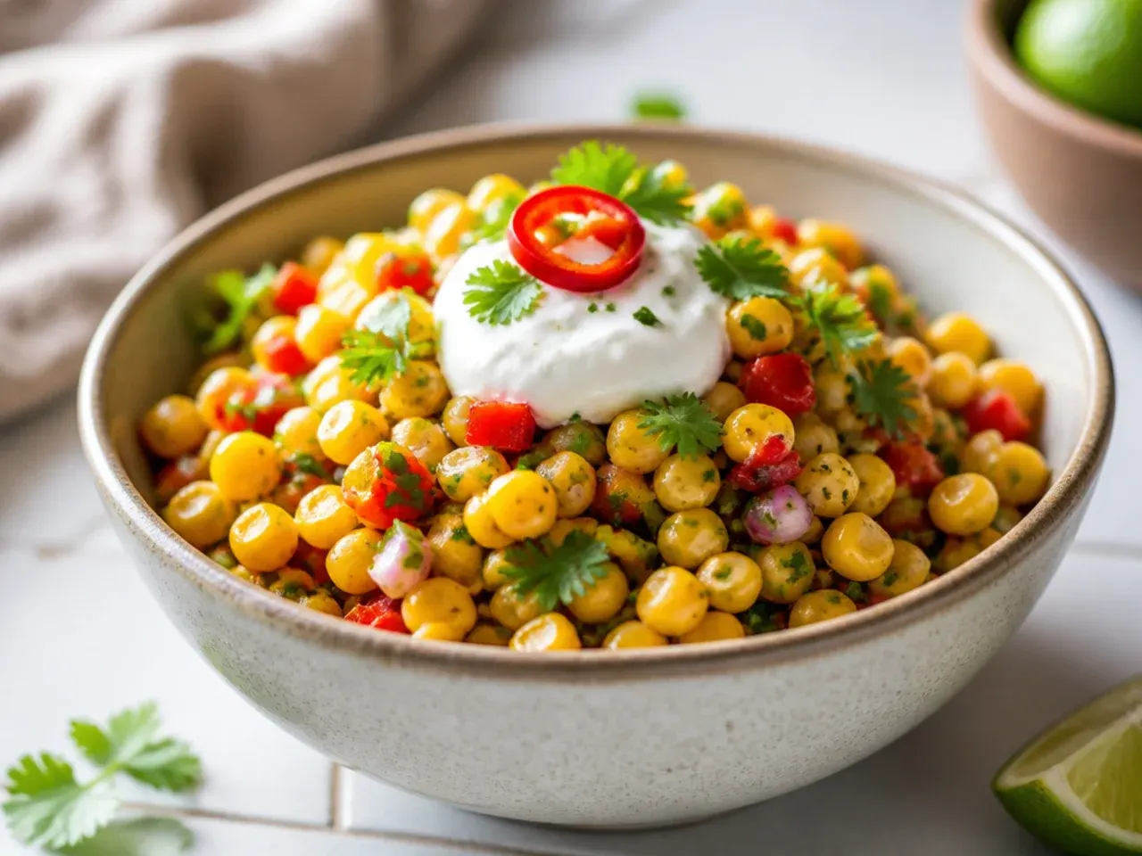 Zesty corn salsa topped with lime zest and sliced chillies.
