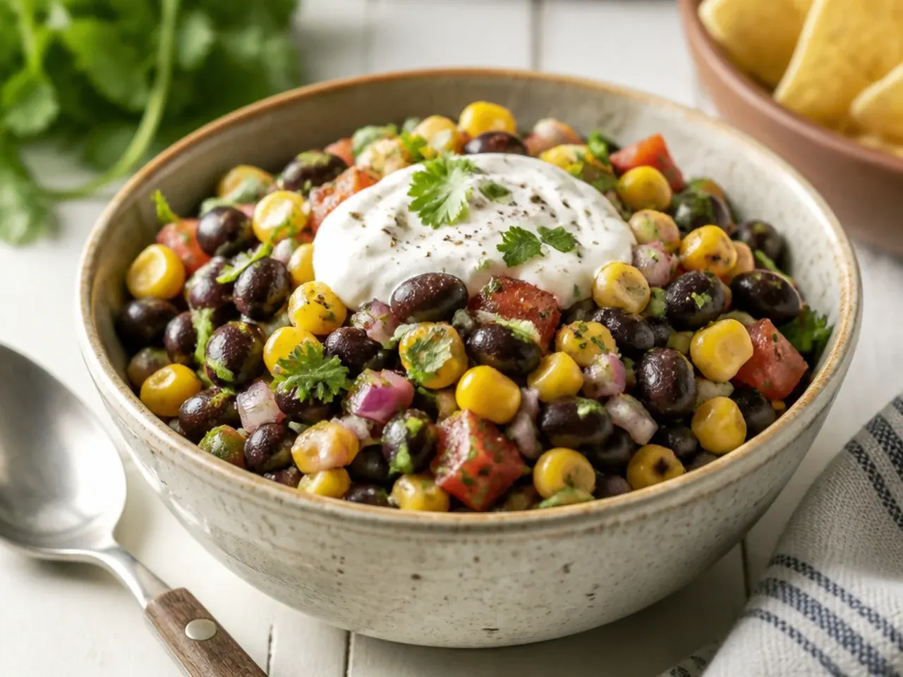 Black bean and corn salsa in a bowl with crumbled cheese on top.