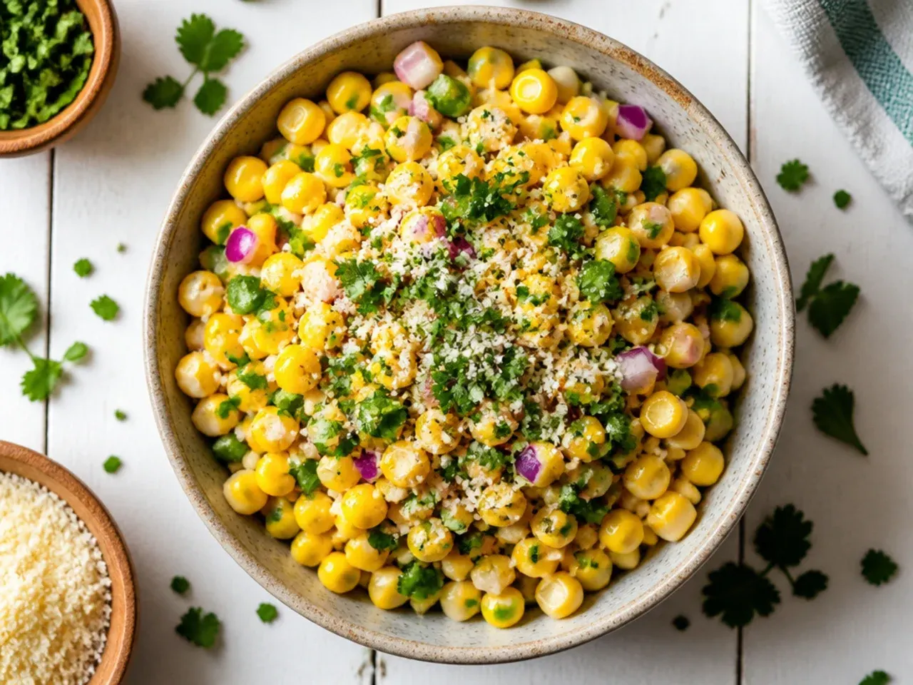 Bag of frozen corn kernels beside a bowl of finished corn salsa.