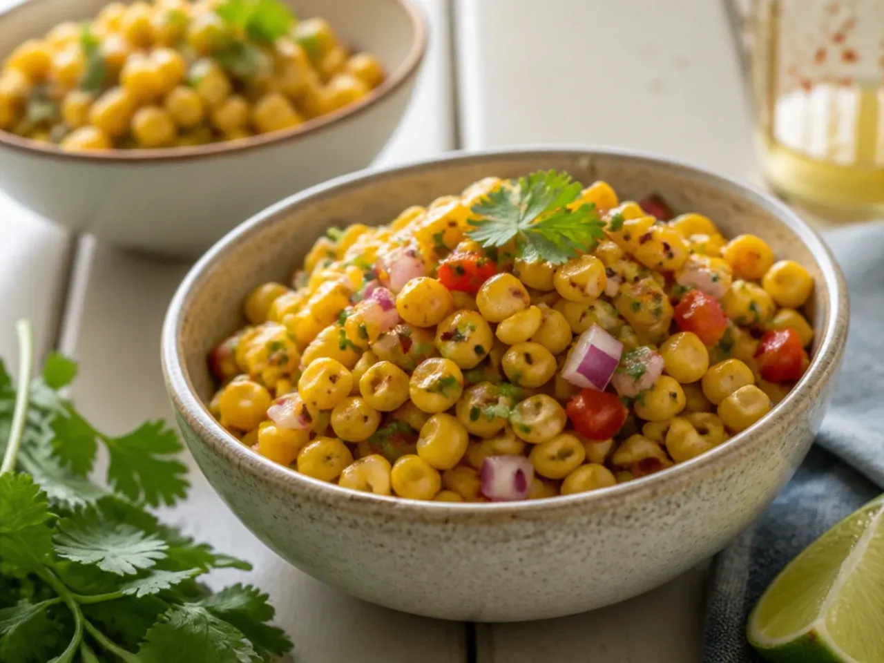 Open tins of sweetcorn next to a bowl of quick weeknight corn salsa.