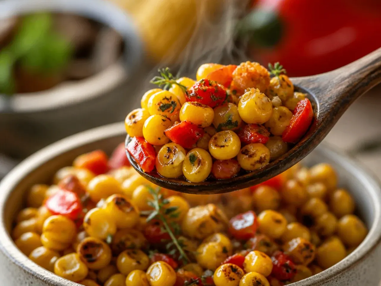 Rustic chunky corn and red pepper salsa in a rough ceramic bowl.